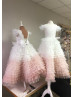 White Pink Ruffle Tulle Feather Flower Girl Dress